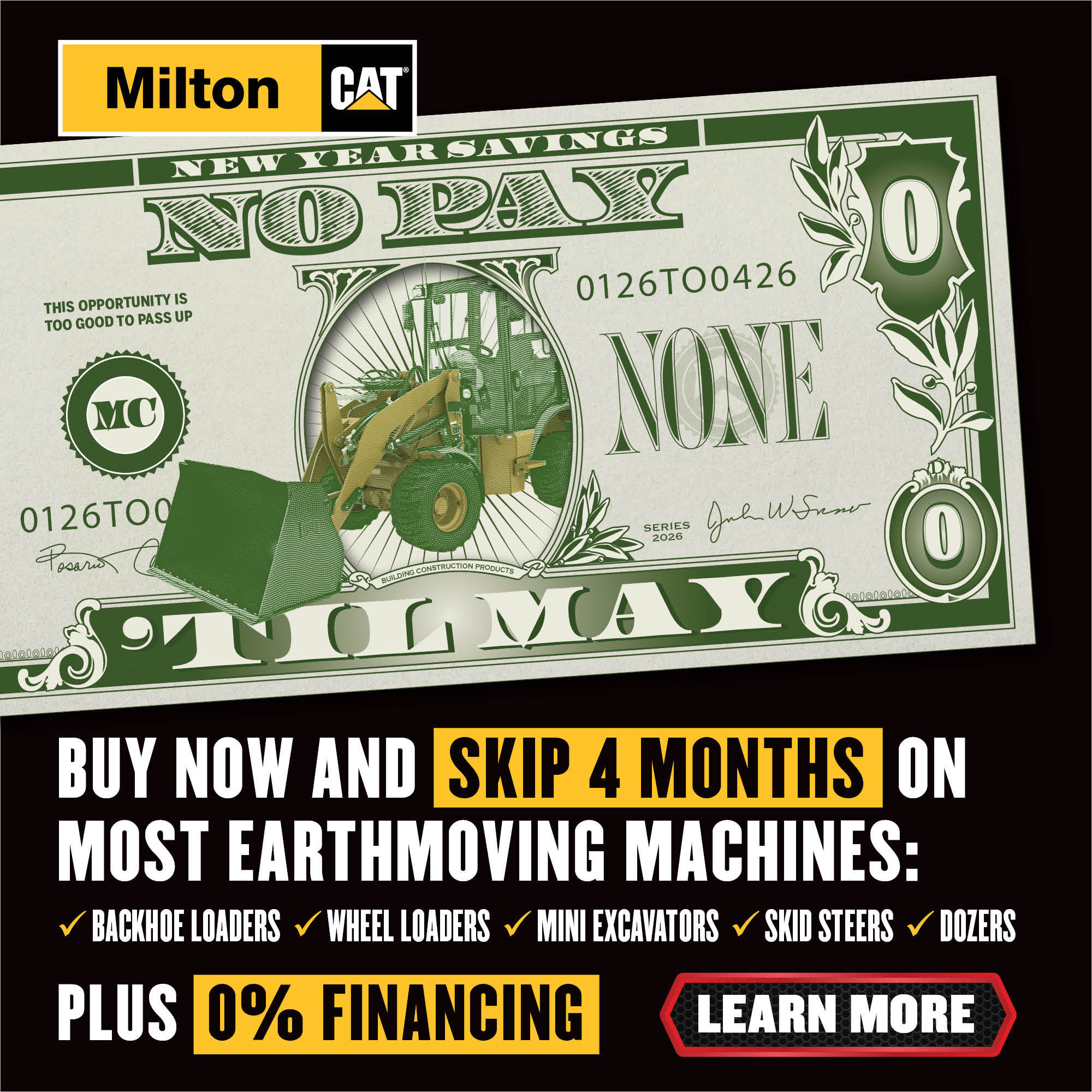 Milton CAT No Pay Till May - 1200x1200